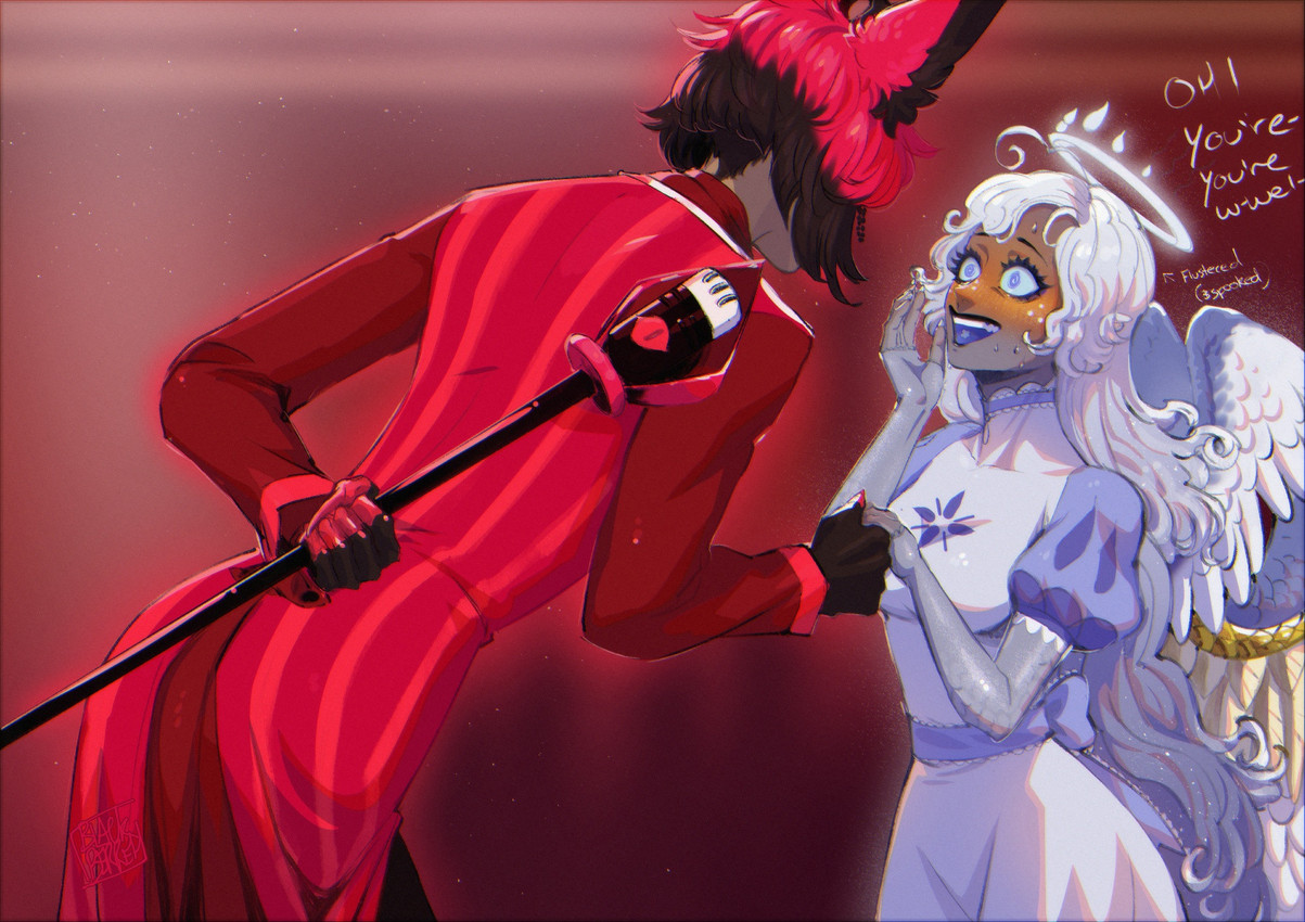 bangs blush blush_lines bob_cut breasts clothed clothing coat dress duo electronics eyelashes feathered_wings feathers female freckled_face freckles hair halo hand_holding long_eyelashes long_hair male male/female microphone open_mouth puffy_sleeves red_hair smile teeth text topwear white_hair wings blackberreh hazbin_hotel hellaverse alastor_(hazbin_hotel) emily_(hazbin_hotel) angel angel_humanoid animal_humanoid deer deer_humanoid demon demon_humanoid humanoid mammal mammal_humanoid winged_humanoid digital_media_(artwork) hi_res