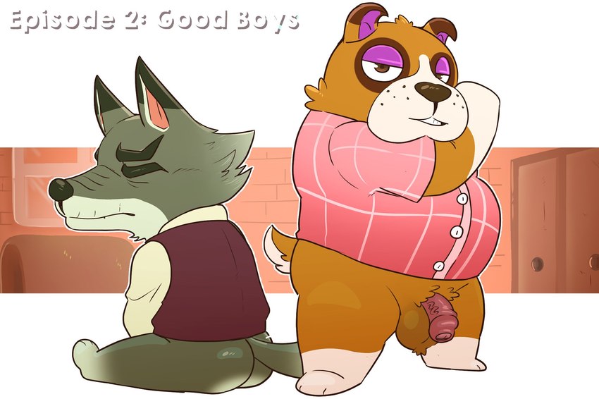 anthro balls belly brown_body clothing duo genitals male mature_male overweight overweight_male penis shirt sitting topwear haxsmack animal_crossing nintendo booker_(animal_crossing) dobie_(animal_crossing) canid canine canis domestic_dog mammal wolf 2024 hi_res