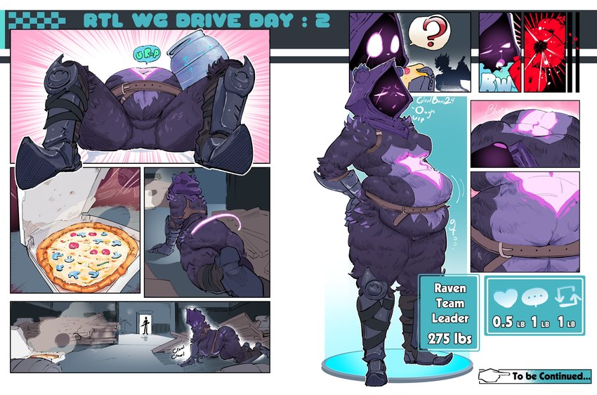 anthro armor belly belt big_belly bloated container crawling crotch_focus eating featureless_crotch female food lying on_back overweight overweight_female pizza pizza_box question_mark scar silhouette slurp_barrel solo spread_legs spreading standing steam text weight_gain_drive cloudboyo epic_games fortnite raven_team_leader bear mammal absurd_res comic english_text hi_res