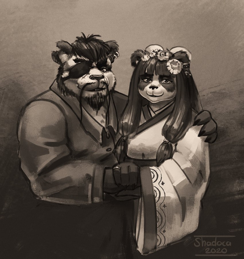 accessory anthro clothing duo ear_piercing ear_ring eye_patch eyewear female flower flower_in_hair fully_closed hair hair_accessory male piercing plant posing_for_picture ring ring_piercing simple_background shadoca blizzard_entertainment warcraft bear mammal pandaren 2020 digital_media_(artwork) digital_painting_(artwork) half-length_portrait hi_res monochrome portrait