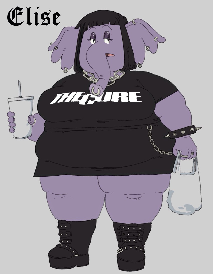 alternative_fashion anthro bag band_shirt bangs black_bottomwear black_clothing black_hair black_skirt boots bottomwear bracelet chain_necklace clothing container cup ear_piercing ear_ring eyeshadow facial_piercing fat_arms fat_legs female footwear goth hair jewelry makeup necklace nose_piercing nose_ring obese obese_anthro obese_female overweight overweight_anthro overweight_female piercing ring_piercing septum_piercing septum_ring shirt shoes skirt solo spiked_bracelet spikes t-shirt topwear trunk_piercing glubbub the_cure elise_(glubbub) elephant elephantid mammal proboscidean character_name hi_res