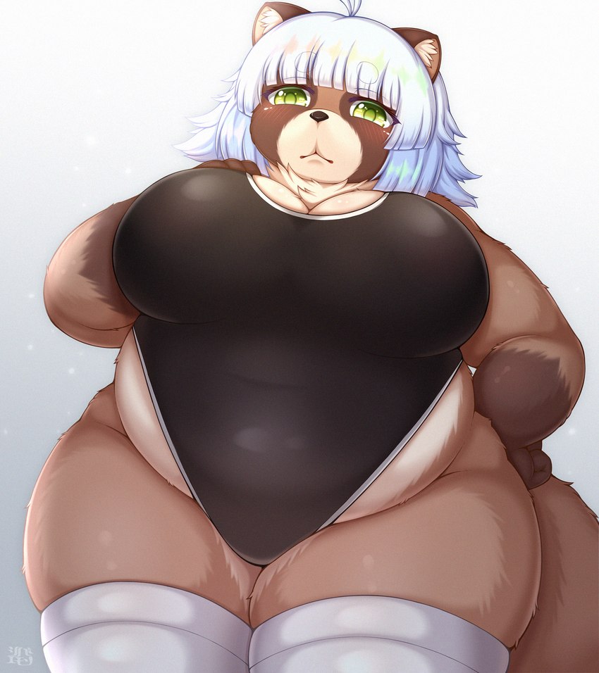 :< ahoge anthro belly big_breasts biped black_clothing black_swimwear blush breasts brown_body brown_ears brown_fur brown_inner_ear brown_nose brown_tail cleavage clothed clothing countershade_face countershade_fur countershade_torso countershading curvy_figure eyelashes female female_anthro fingers fluffy fluffy_tail front_view fully_clothed fur glistening glistening_body glistening_clothing glistening_eyes glistening_fur glistening_hair gloves_(marking) gradient_background green_eyes green_pupils hair hand_on_breast hand_on_hip huge_breasts humanoid_hands inner_ear_fluff kemono legwear looking_at_viewer markings monotone_hair monotone_tail multicolored_body multicolored_fur navel_outline neck_tuft one-piece_swimsuit overweight overweight_anthro overweight_female pupils short_hair simple_background skindentation solo standing swimwear tail tan_body tan_countershading tan_fur thick_thighs thigh_highs tuft voluptuous white_clothing white_hair white_inner_ear_fluff white_legwear white_thigh_highs wide_hips shibaemonxsk canid canine mammal raccoon_dog tanuki 2023 colored digital_media_(artwork) hi_res portrait shaded three-quarter_portrait