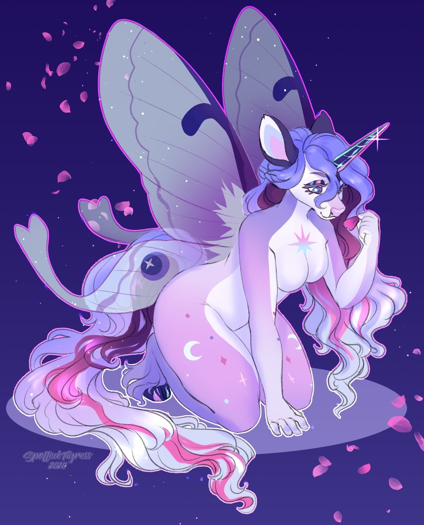 anthro blue_hair blue_horn breasts closed_smile eyelashes eyes_closed featureless_breasts female hair horn insect_wings kneeling lepidopteran_wings markings mouth_closed nude pink_body smile solo white_body white_hair wings tiggybloom bovid bovine cattle hybrid mammal hi_res