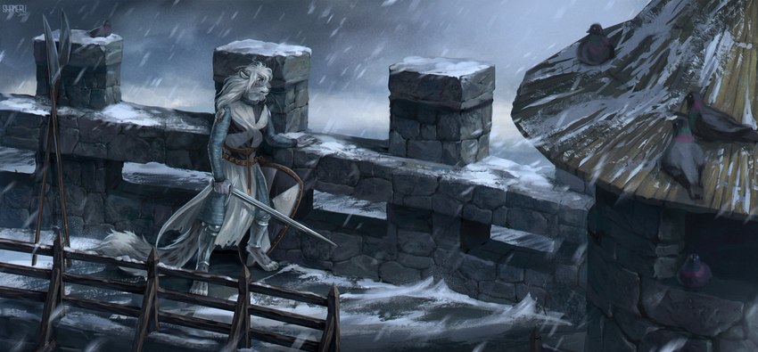 anthro barefoot black_nose castle castle_wall chainmail digitigrade feet female fur glaive green_eyes grey_body grey_fur hair holding_melee_weapon holding_object holding_sword holding_weapon knight markings medieval medieval_clothing melee_weapon outside polearm shield snow snowing solo spots spotted_body spotted_fur standing sword warrior weapon white_body white_fur white_hair wind shamerli charlotte_tepes_(character) avian bird columbid felid mammal pantherine pigeon snow_leopard 2020 absurd_res detailed hi_res