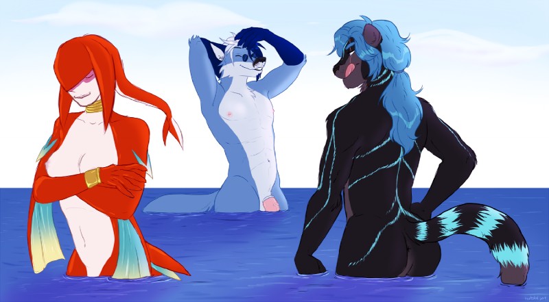 anthro anus bathing breasts eyewear female genitals glasses group licking licking_lips male nipples nude penis penis_base pince-nez sea self_lick sunglasses tongue tongue_out water tntkl breath_of_the_wild nintendo the_legend_of_zelda bezilon carmeo_(character) animal_humanoid canid canine felid fish fish_humanoid fox humanoid mammal marine marine_humanoid pantherine tiger zora