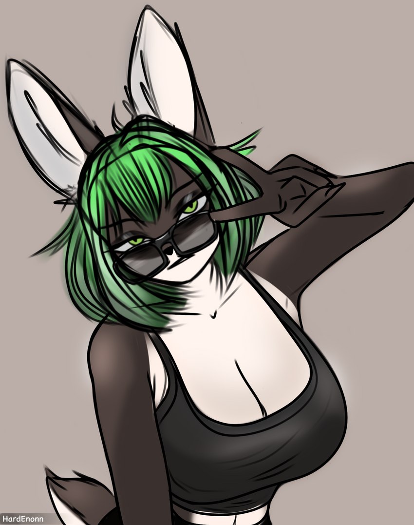 anthro big_breasts breasts brown_body clothed clothing eyewear female glasses green_eyes green_hair hair looking_at_viewer shirt solo topwear hardenonn lagomorph leporid mammal rabbit hi_res tagme