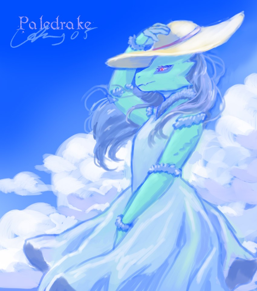 anthro clothed clothing cloud dress female hair hat headgear headwear looking_away solo sun_hat sundress wide_brim_hat ais05 paledrake_(artist) mythology heidi_(the7thprimarch) dragon mythological_creature mythological_scalie scalie absurd_res artist_collaboration hi_res