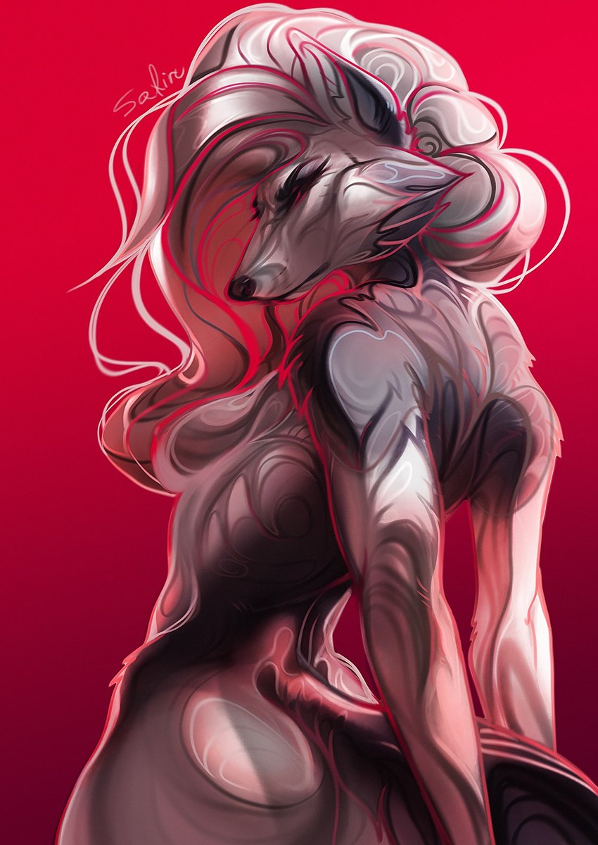 anthro breasts eyebrows eyelashes featureless_breasts female fur grey_body grey_fur hair long_hair nipples nude red_background red_eyes simple_background solo white_hair safiru helluva_boss loona_(helluva_boss) canid canine canis mammal wolf 2022 digital_media_(artwork) hi_res