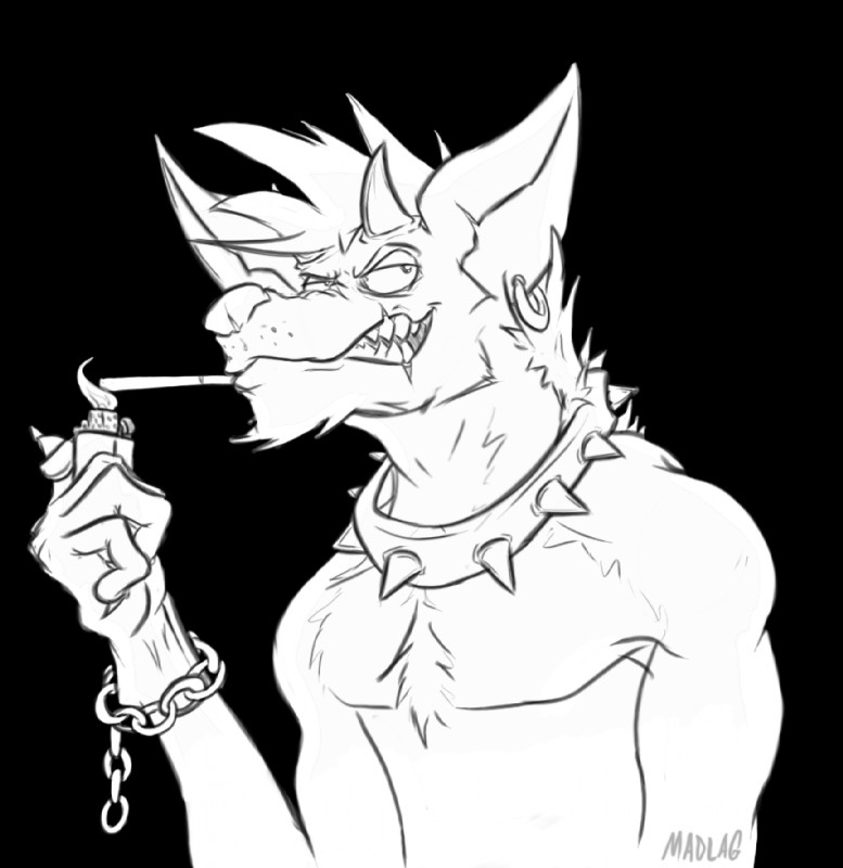 anthro chain chest_tuft cigarette collar ear_piercing fangs fur grin hair horn lighter male pecs piercing scar sharp_teeth smile solo spiked_collar spikes standing teeth tuft madlag demon mammal 2018 alpha_channel digital_drawing_(artwork) digital_media_(artwork) monochrome portrait