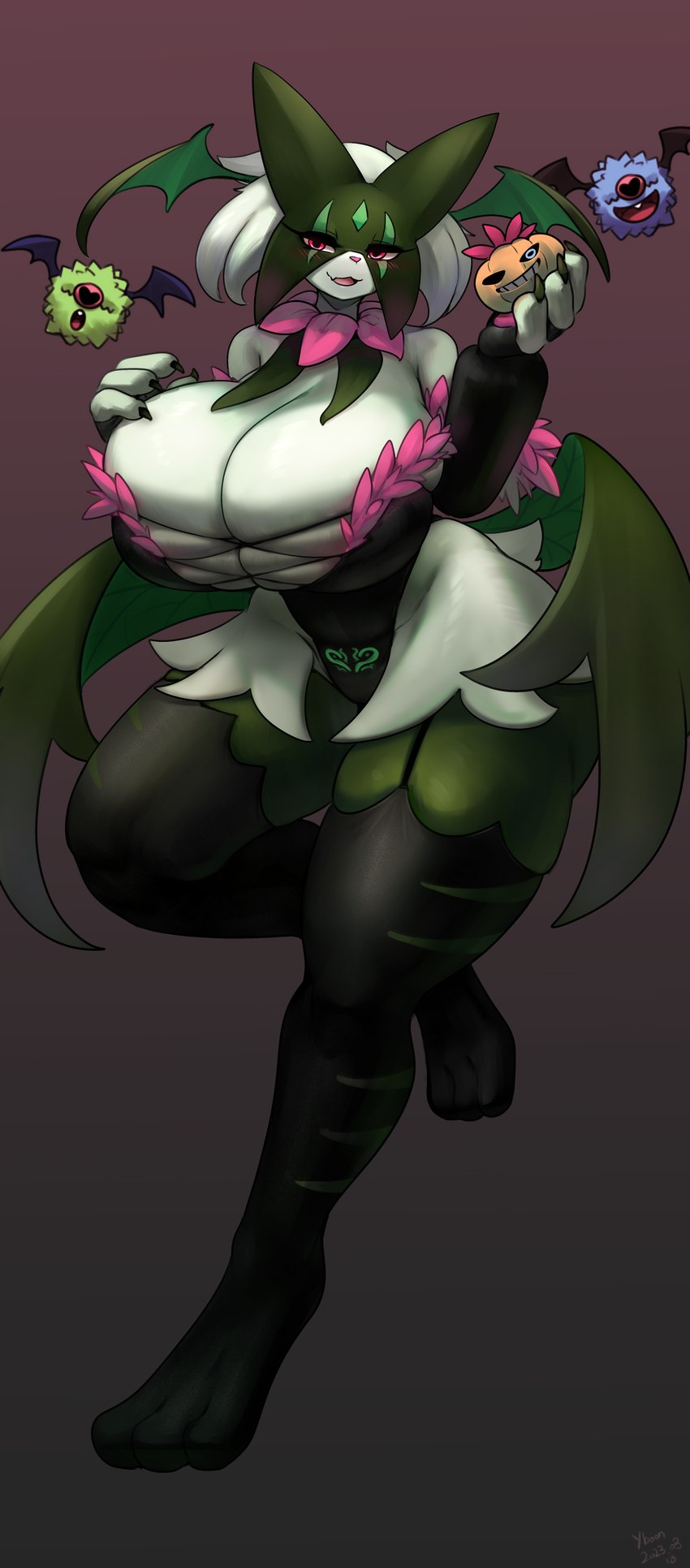 alternate_costume anthro bat_wings big_breasts black_claws black_clothing black_legwear black_leotard black_thigh_highs breasts brown_background claws cleavage clothed clothing curvy_figure female food fruit garter_straps glistening glistening_body gradient_background green_body group half-closed_eyes huge_breasts legwear leotard looking_at_viewer membrane_(anatomy) membranous_wings narrowed_eyes open_mouth pink_eyes plant pubic_tattoo pumpkin red_background simple_background skindentation smile tattoo thick_thighs thigh_highs voluptuous wide_hips wings yboon nintendo pokemon generation_5_pokemon generation_9_pokemon meowscarada pokemon_(species) woobat absurd_res full-length_portrait hi_res portrait