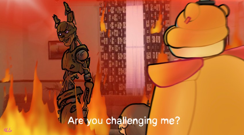 anthro curtains dialogue fire group inside machine male purple_eyes text trio window ncs are_you_challenging_me? five_nights_at_freddy's five_nights_at_freddy's:_security_breach hanna-barbera scooby-doo_(series) scottgames steel_wool_studios burntrap_(fnaf) glamrock_freddy gregory_(fnaf) shaggy_rogers william_afton_(fnaf) animatronic bear human lagomorph leporid mammal rabbit robot 2022 digital_media_(artwork) english_text hi_res meme