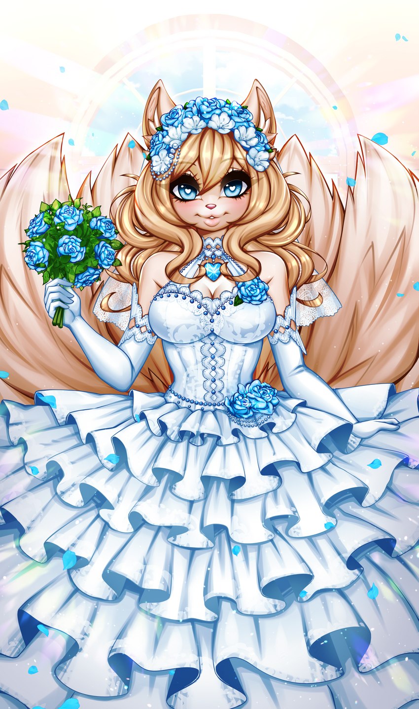 accessory alternative_fashion anthro blonde_hair blue_flower breasts cleavage clothed clothing dress female flower flower_in_hair fox_tail hair hair_accessory j-fashion lolita_(fashion) multi_tail petals plant rose_(flower) solo tail wedding_dress white_clothing white_dress yonachka_doki canid canine fox mammal absurd_res hi_res