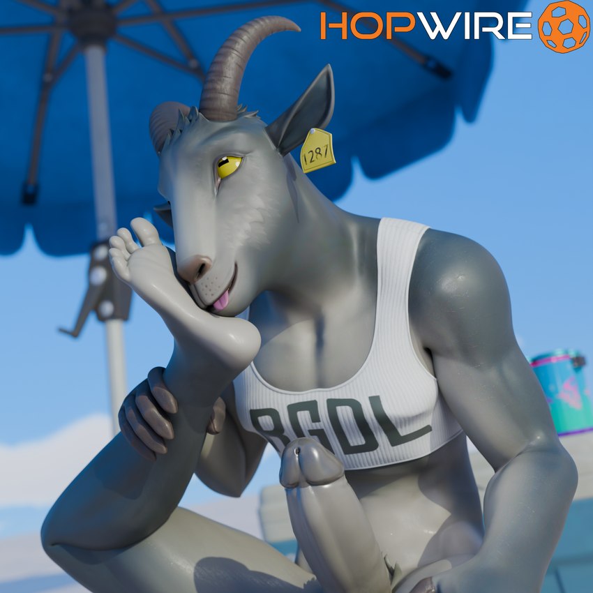 anthro beverage beverage_can bottomless chug_splash clothed clothing crop_top crossgender ear_piercing ear_tag erection feet fingers foot_fetish foot_on_face foot_on_own_face foot_play ftm_crossgender fur genitals grey_body grey_fur hooved_fingers hooves horizontal_pupils horn humanoid_feet logo male muscular muscular_anthro muscular_male outside parasol penis piercing plantigrade pubes pupils shirt sitting sky soda solo text text_on_clothing text_on_shirt text_on_topwear tongue tongue_out topwear yellow_eyes hopwiresfm_(artist) coffee_stain_studios epic_games fortnite goat_simulator pilgor_(goat_simulator) bovid caprine goat mammal 1:1 2025 3d_(artwork) artist_logo artist_name digital_media_(artwork) hi_res signature