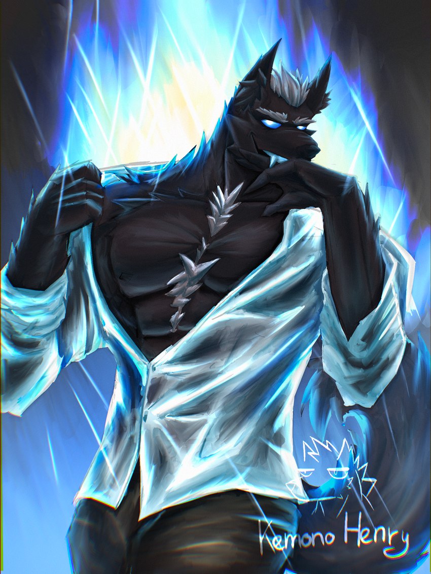 abs anthro barazoku blue_fire clothing colored_fire fangs fire hair male muscular pecs shadow solo tail teeth teeth_showing undressing kemonohenry canid canine canis demon domestic_dog mammal wolf absurd_res hi_res