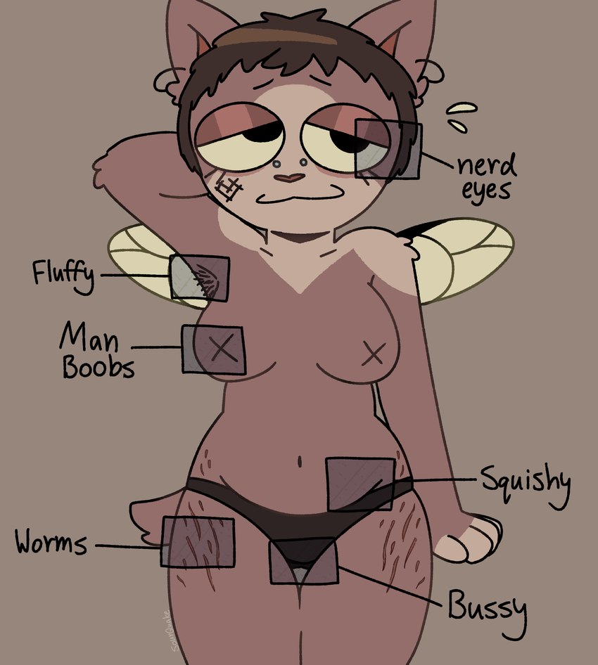 anthro armpit_hair body_hair brown_body brown_fur brown_hair diagram eyelashes female fur glistening_eyelids hair insect_wings lidded_eyes nerd self_love shy silly slightly_chubby solo squish stretch_marks text wings sourquake arthropod absurd_res digital_media_(artwork) english_text hi_res male_(lore) nonbinary_(lore)