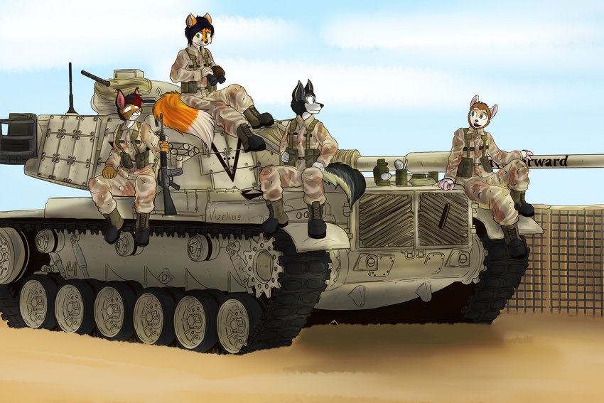 anthro armored_vehicle binoculars blue_sky boots clothing combat_boots desert female footwear group gun m16a2 m60_patton machine_gun male military_uniform military_vehicle ranged_weapon rations shoes sitting sky tank uniform vehicle weapon vizelius claire_felicitous_(calidan) elias_gadabout_(calidan) elon_flow_(calidan) raynard canid canine canis caracal caracal_(genus) domestic_dog felid feline fox husky mammal nordic_sled_dog southern_grasshopper_mouse spitz 3:2 absurd_res hi_res