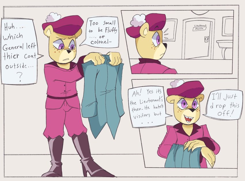 anthro bottomwear clothing dialogue hat headgear headwear pants purple_eyes shirt solo text topwear sketchyvillain unicorn_wars cabo_pompon_(unicorn_wars) bear mammal 2023 english_text