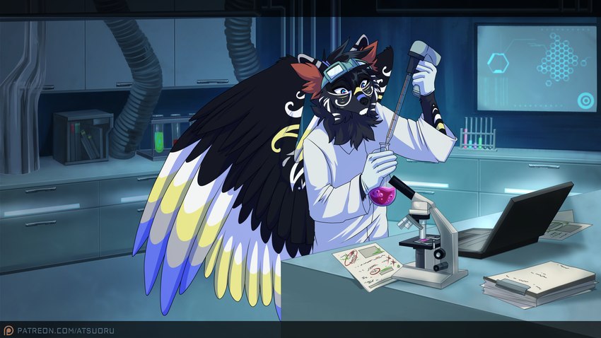 anthro arm_markings arms_bent back_wings black_body black_feathers black_fur blue_body blue_eyes blue_feathers blue_fur blue_markings cheek_tuft chemicals clipboard clothed clothed_anthro clothed_male clothing coat computer detailed_background dipstick_ears ear_markings electronics eyewear eyewear_on_head facial_markings facial_tuft feathered_wings feathers florence_flask fur fur_markings gloves goggles goggles_on_head grey_body grey_feathers grey_fur handwear head_markings head_tuft holding_object inner_ear_fluff inside lab_coat laboratory laboratory_equipment laboratory_glassware laptop latex latex_clothing latex_gloves latex_handwear light looking_at_object male male_anthro markings microscope monitor multicolored_body multicolored_ears multicolored_eyes multicolored_feathers multicolored_fur multicolored_wings paper paperwork patreon_logo patreon_username pipe purple_eyes red_body red_fur red_inner_ear_fluff ruff scientific_instrument scientist screen solo standing test_tube test_tube_rack text topwear tuft wall_cabinet white_body white_feathers white_fur white_markings wing_markings wings yellow_body yellow_feathers yellow_fur yellow_markings atsuoru patreon sirius_hoshi_skaarsgard canid canine canis hybrid mammal wolf 2022 absurd_res hi_res letterbox url