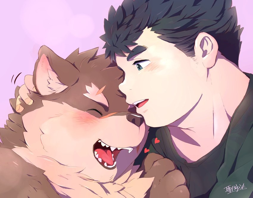 anthro blush duo eyebrows fur grey_body grey_fur heart_symbol hug male male/male romantic romantic_couple scar thick_eyebrows hijirinoyuta lifewonders tokyo_afterschool_summoners chubby_protagonist_(tas) moritaka_(tas) protagonist_(tas) canid canine canis domestic_dog human mammal hi_res