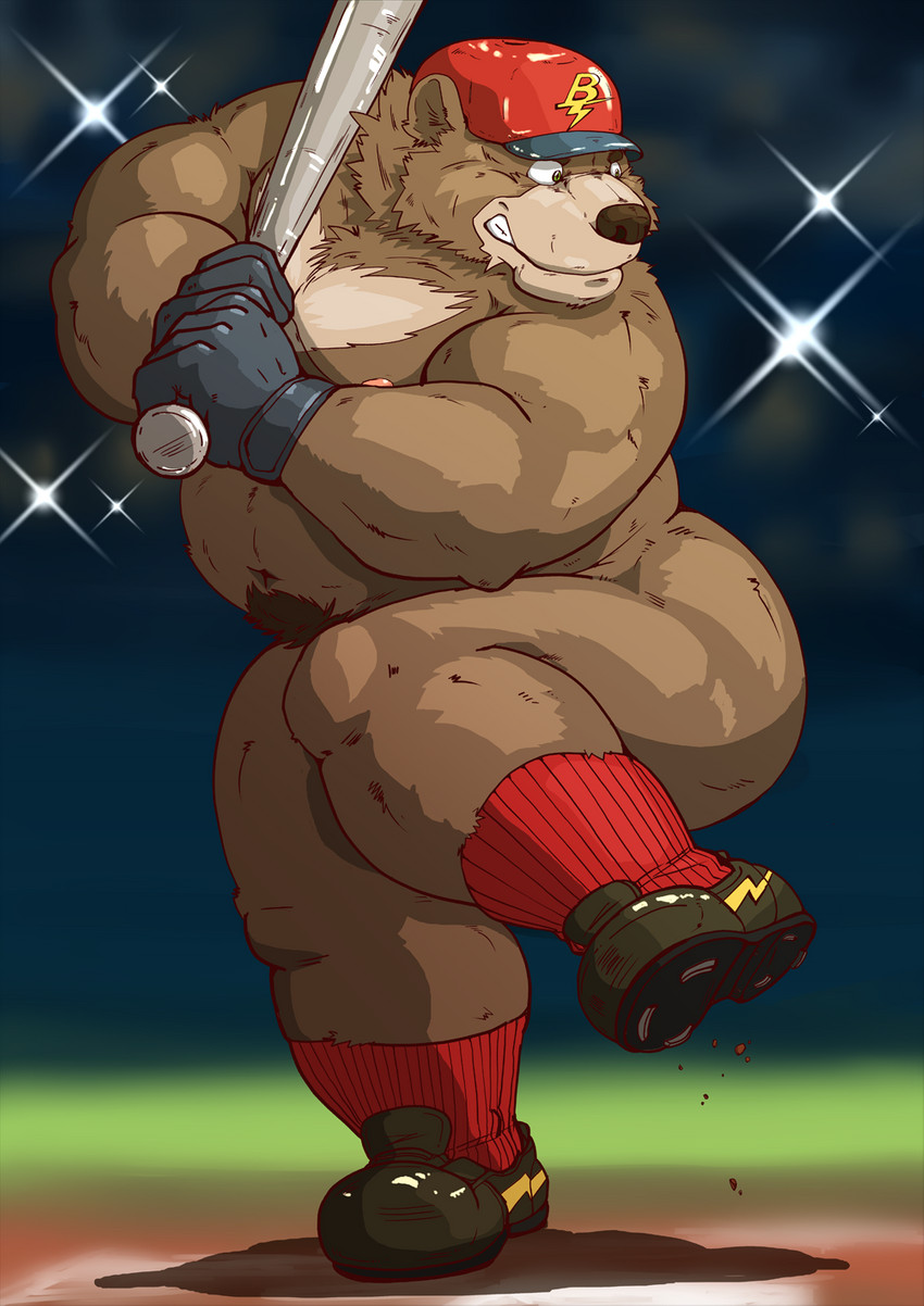 anthro barazoku baseball_(sport) baseball_bat baseball_cap bat_(object) belly brown_body brown_fur butt clothing footwear fur hat headgear headwear humanoid_hands kemono male moobs mostly_nude musclegut muscular muscular_male nipples nude overweight overweight_anthro overweight_male pubes public shoes socks solo sport raichoclub bear mammal 2019 hi_res