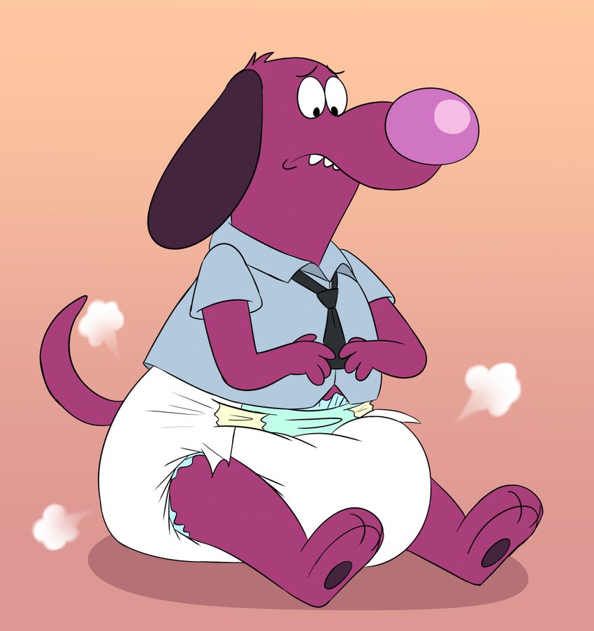 anthro clean_diaper clothed clothing diaper diaper_puff embarrassed frown fur magenta_fur male necktie nervous orange_background pawpads paws poof poofy_diaper purple_body purple_fur red_background shirt simple_background sitting solo topwear wearing_diaper fang29 sergeant_hoagie canid canine canis domestic_dog mammal 2022 hi_res