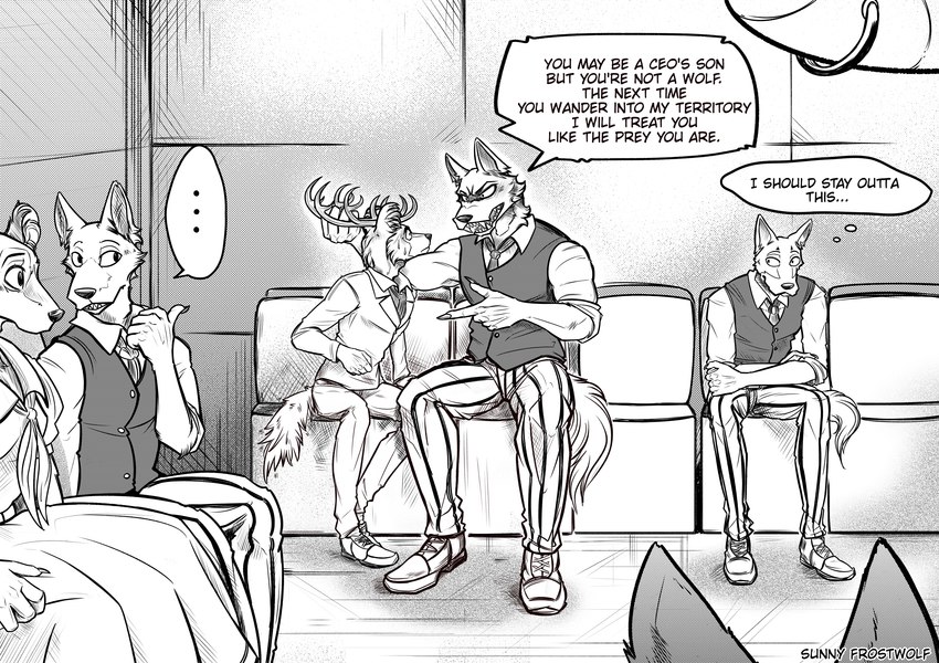 anthro antlers bigotry bullying clothing creepy_face group harassment horn male scared school_uniform text uniform sunny_frostwolf beastars background_character caesar_(greatlizardwizard) fan_character ibuki_ii_(greatlizardwizard) canid canine canis hybrid mammal wolf absurd_res english_text hi_res