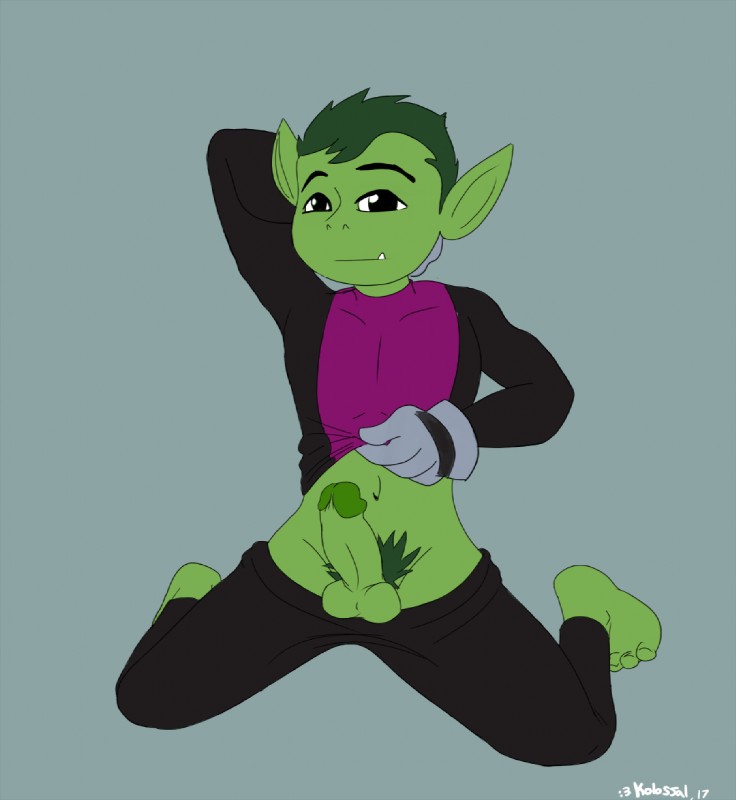 balls barefoot black_eyes clothed clothing feet genitals green_hair hair humanoid_genitalia humanoid_penis male not_furry penis solo kolossal dc_comics teen_titans beast_boy humanoid 2017 full-length_portrait portrait