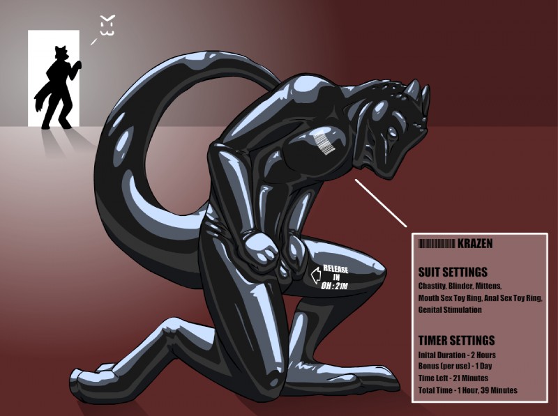 anthro bdsm bondage bound chastity_cage chastity_device clothing duo gimp_suit glistening horn kneeling latex latex_clothing latex_skinsuit male male/male rubber_clothing sensory_deprivation silhouette skinsuit solo_focus text tight_clothing timer_suit trapped endium krazen lizard reptile scalie 2014 english_text