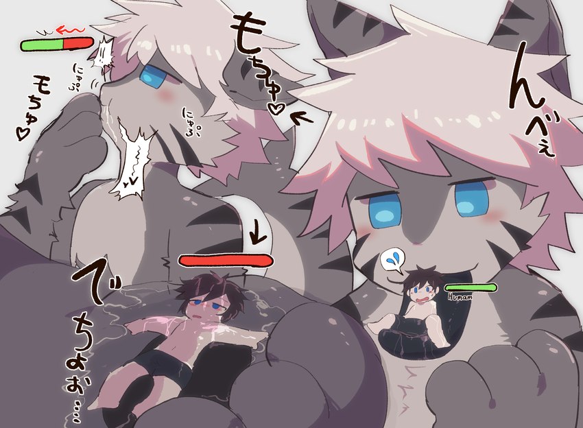 3_fingers anthro anthro_on_anthro biped black_body black_bottomwear black_clothing black_ears black_fur black_hair black_markings black_pawpads black_shorts black_stripes black_tongue blush bodily_fluids body_in_mouth bottomwear cheek_markings clothed clothing countershade_face countershade_fur countershade_neck countershade_torso countershading dazed directional_arrow duo ear_markings energy_drain exclamation_point extreme_size_difference facial_markings fingers fur gameplay_mechanics grey_body grey_countershading grey_ears grey_fur grey_hair gui hair head_markings health_bar heart_after_text heart_symbol holding_character in_mouth interspecies kemono larger_anthro larger_male light_body light_skin looking_at_another male male/male male_anthro male_human male_on_anthro male_on_human markings mawplay monotone_hair multicolored_ears nude_anthro nude_male on_tongue pale_skin pawpads paws saliva short_hair shorts simple_background sitting size_difference smaller_human smaller_male sound_effects speech_bubble spitting_out standing striped_body striped_fur stripes text tongue tongue_out topless topless_human topless_male two_tone_ears white_background voretteiiyone changed_(video_game) lin_(changed) the_shark_(changed) fish furred_shark human mammal marine shark 2024 absurd_res colored digital_media_(artwork) english_text hi_res japanese_text pictographics sequence shaded simple_shading