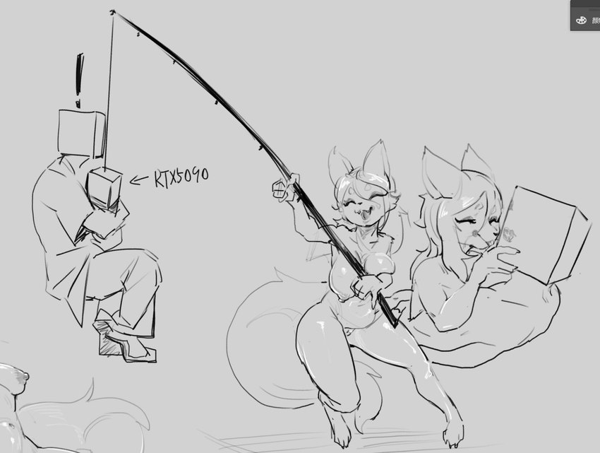 anthro areola biped breasts clothed clothing directional_arrow duo exclamation_point eyes_closed female fingers fur male male/female nipples nude open_mouth open_smile smile tail teeth text skeleton265 canid canine fox humanoid mammal monochrome