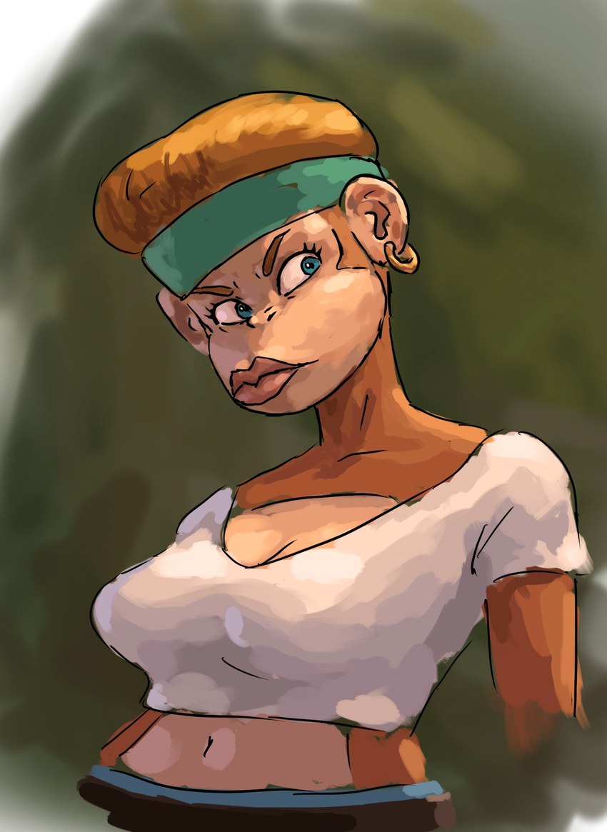 anthro blonde_hair blue_eyes breasts brown_body brown_hair cleavage clothed clothing crop_top ear_piercing ear_ring female fully_clothed hair kerchief lips looking_away navel piercing ring_piercing shirt solo thick_lips topwear redustheriotact donkey_kong_(series) donkey_kong_country_(tv_series) nintendo candy_kong kong mammal primate 2023 hi_res sketch