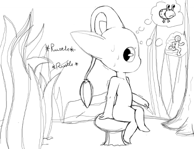 ambiguous_gender anthro anthrofied big_ears bodily_fluids fungus mouthless mushroom onomatopoeia plant running rustling scared shaking shivering sitting solo sound_effects sweat text thinking thought_bubble thoughtful_expression tree worried xxmysteryxx nintendo pikmin beast_(pikmin) bulborb elemental_creature flora_fauna pikmin_(species) yellow_pikmin black_and_white monochrome sketch source_request unfinished