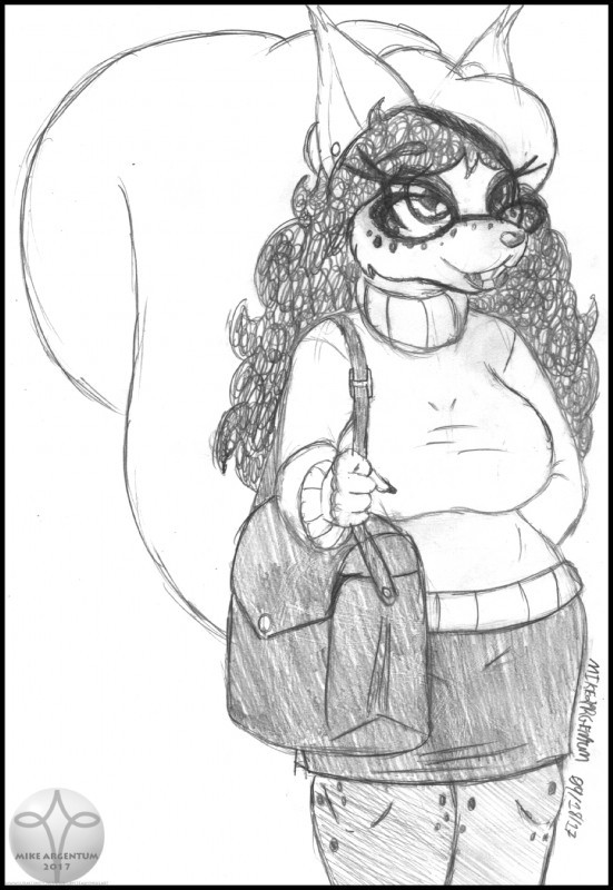 beret black_border border bottomwear clothing eyewear female freckles glasses hat headgear headwear legwear purse skirt solo stockings sweater topwear turtleneck mike_argentum_(artist) amber_kingsley eurasian_red_squirrel mammal rodent sciurid tree_squirrel hi_res monochrome sketch