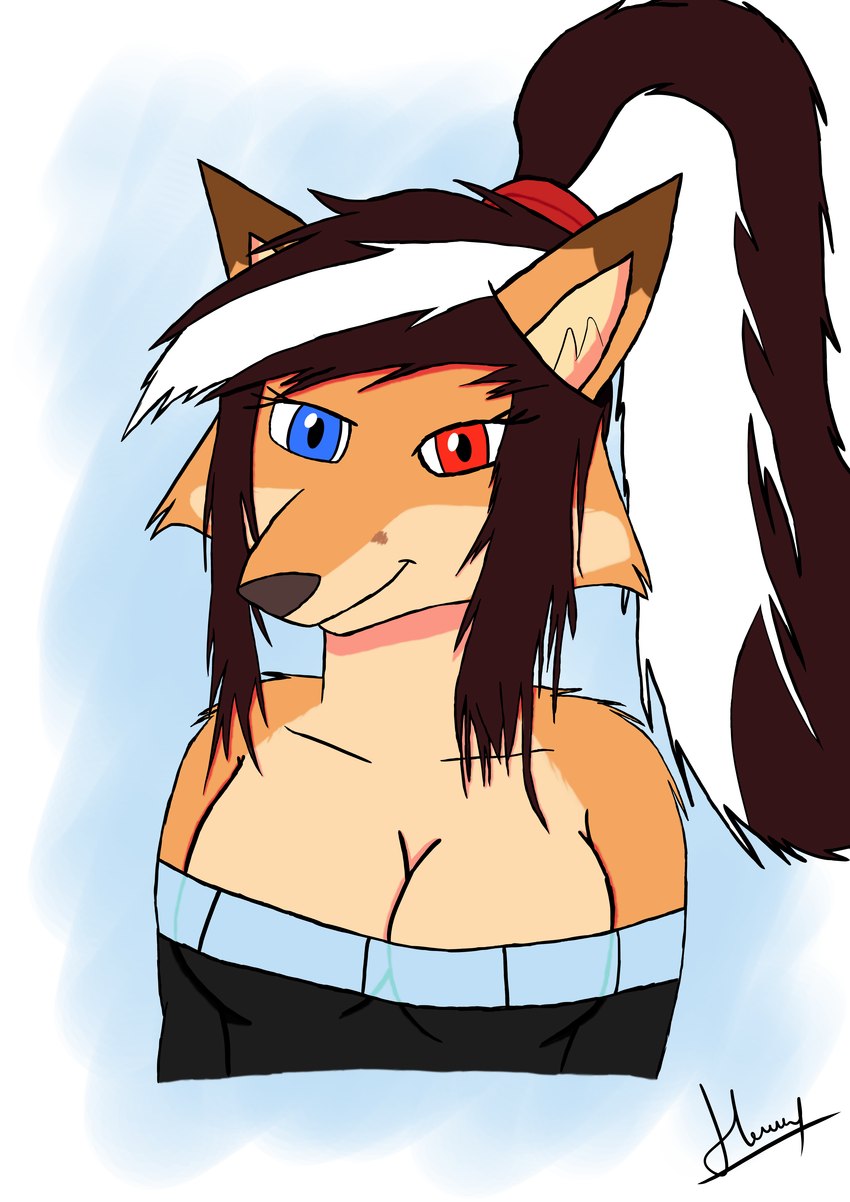 accessory anthro black_hair blue_eyes bow_ribbon clothed clothing female hair hair_accessory hair_bow hair_ribbon ponytail red_eyes ribbons smile solo watercolor_background eqf18 elizabeth_fox fan_character canid canine fox mammal 2023 absurd_res digital_drawing_(artwork) digital_media_(artwork) half-length_portrait hi_res portrait watermark