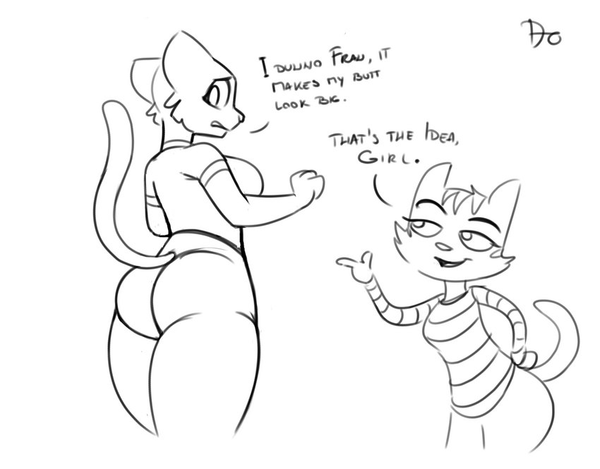 anthro big_butt bottomwear butt clothed clothing dialogue duo female leggings legwear mature_anthro mature_female pants shirt simple_background text topwear yoga_pants zokva litterbox_comics microsoft prequel_adventure the_elder_scrolls fran_(litterbox_comics) katia_managan domestic_cat felid feline felis khajiit mammal 2021 crossover english_text monochrome