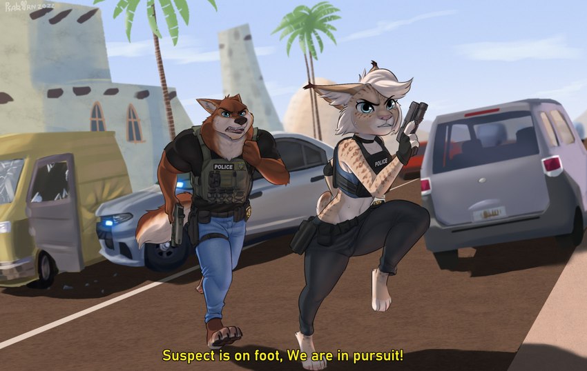 anthro barefoot bulletproof_vest car car_crash chasing choker clothed clothing compact_car day desert detailed_background dialogue duo feet female gun handgun holding_gun holding_object holding_ranged_weapon holding_weapon jewelry male male/female midriff motor_vehicle necklace outside partners pistol police police_car police_officer police_vehicle ranged_weapon running tactical_gear text urban vehicle weapon psakorn_tnoi disney glock zootopia russell_wolfson tammy_rys canid canine canis felid feline lynx mammal wolf 2022 english_text subtitled