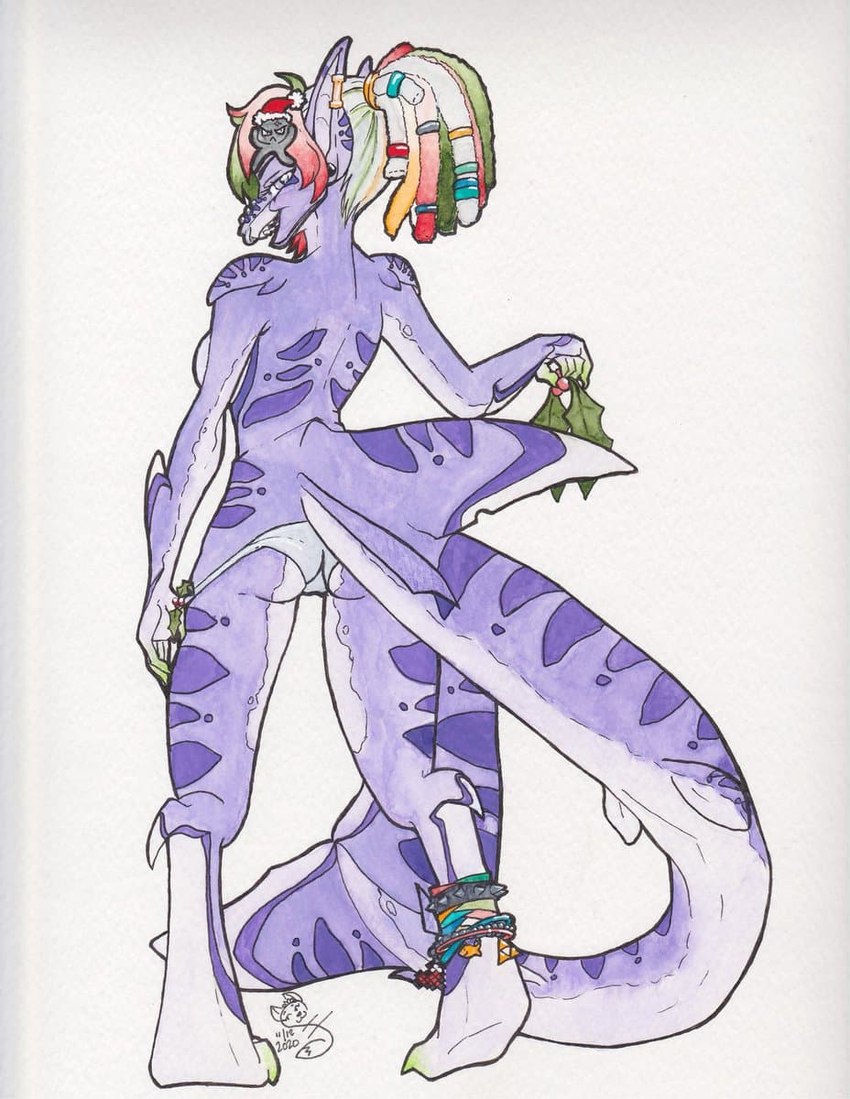 anklet anthro clothed clothing clothing_pull dreadlocks ear_piercing female holly_(plant) jewelry looking_at_viewer looking_back panties panties_down panty_pull partially_clothed piercing plant pose purple_body solo underwear underwear_down underwear_pull sekutsune lammyshark_(character) fish ground_shark leopard_shark marine shark triakid hi_res pinup