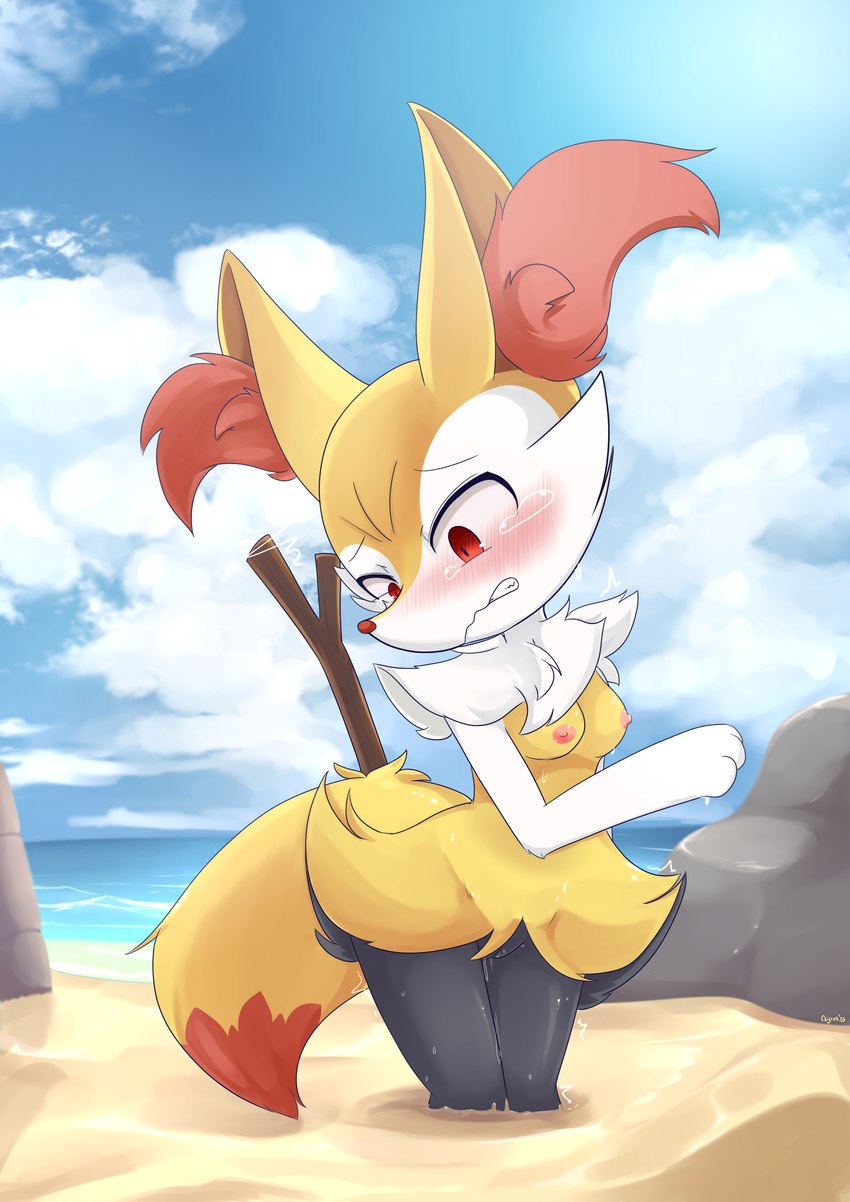 anthro aroused blush bodily_fluids breasts dripping_pussy female genital_fluids genitals nipples outside pussy quicksand small_breasts solo stick tears vaginal_fluids clyndemoon nintendo pokemon braixen generation_6_pokemon pokemon_(species) absurd_res hi_res