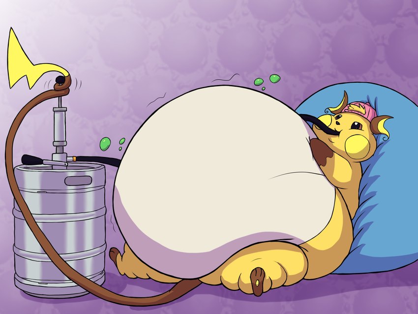 anthro barrel bean_bag belly belly_expansion belly_inflation beverage big_belly black_hose black_nose brown_ears brown_eyes brown_tail cheek_bulge chubby_cheeks clothing dipstick_tail drinking expansion hat headgear headwear hose hose_in_mouth hose_inflation huge_belly hyper hyper_belly inflation inflation_fetish liquid_inflation male markings motion_lines pink_clothing pink_hat pink_headwear purple_background root_beer simple_background sitting smile soda soda_inflation solo swelling tail tail_markings tail_wrapped tan_belly thick_thighs yellow_body yellow_cheeks yellow_inner_ear yellow_tail_tip alvro nintendo pokemon dutch_(compactheneko) generation_1_pokemon pokemon_(species) raichu 2024 4:3 cel_shading colored digital_media_(artwork) hi_res shaded