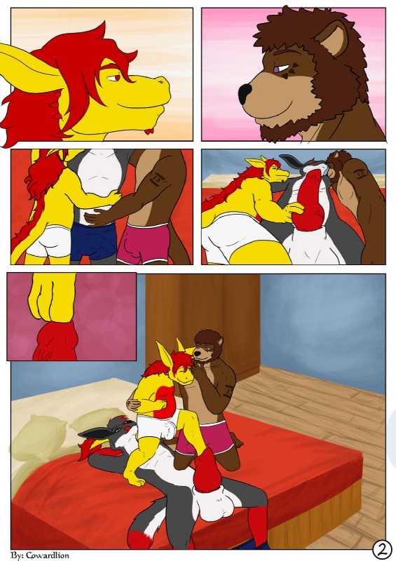 anthro balls bed bedroom bulge clothing cock_vore furniture genitals group hug knot male male/male male_pred male_prey penile penis underwear vore cowardlion canid canine canis kobold mammal mustelid otter scalie wolf 2019 comic digital_media_(artwork) hi_res