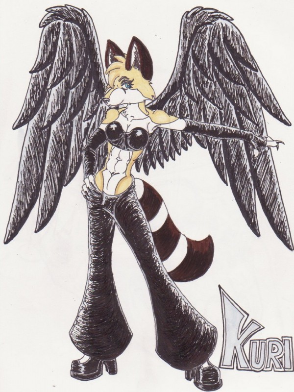 anthro feathered_wings feathers female leather multi_tail solo tail wings hellgoddess kuri_fellwing canid canine fox mammal 3:4 hi_res