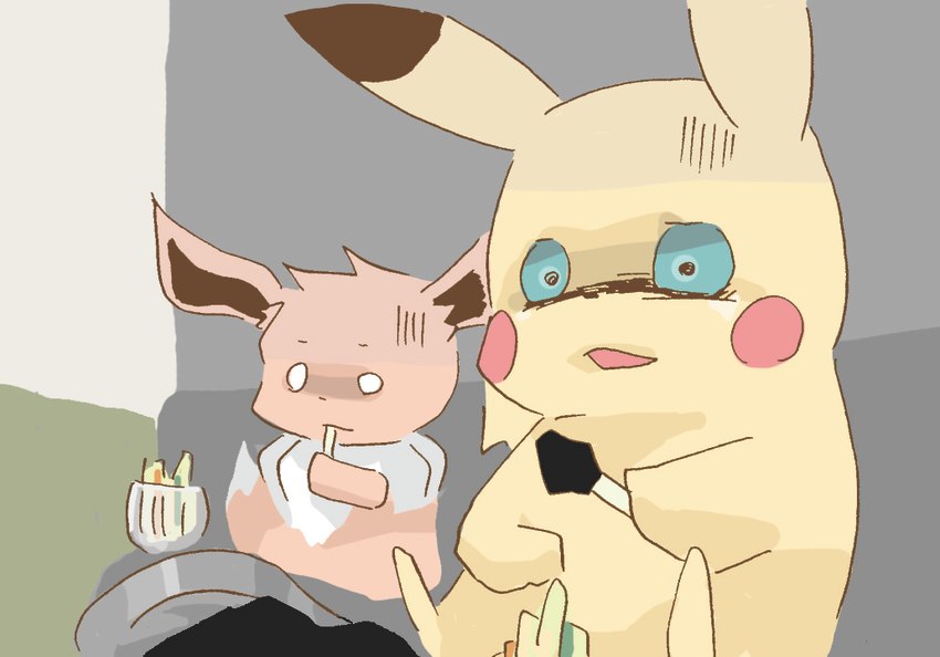 ambiguous_gender brown_body container distressed duo eating eating_feces feces feces_in_mouth food_container glass glass_container holding_object holding_tool holding_utensil kitchen_utensils neck_tuft open_mouth red_cheeks sitting tools tuft yellow_body get_it_go nintendo pokemon eevee generation_1_pokemon pikachu pokemon_(species) 2019