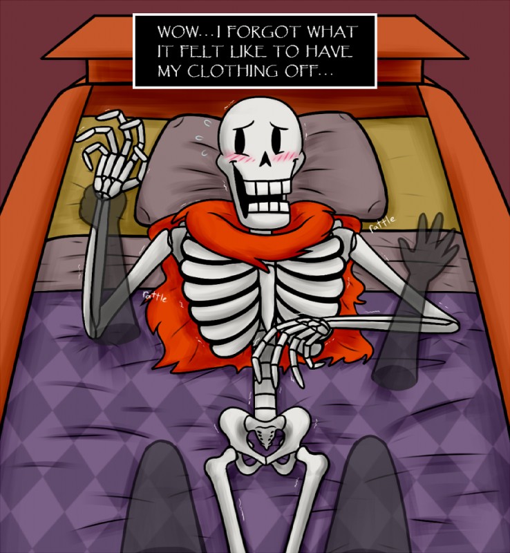 bed blush bone duo first_person_view furniture male not_furry on_bed racecar_bed skeleton skull solo_focus teeth text translucent translucent_body krixata undertale undertale_(series) papyrus_(undertale) animated_skeleton undead english_text lol_comments