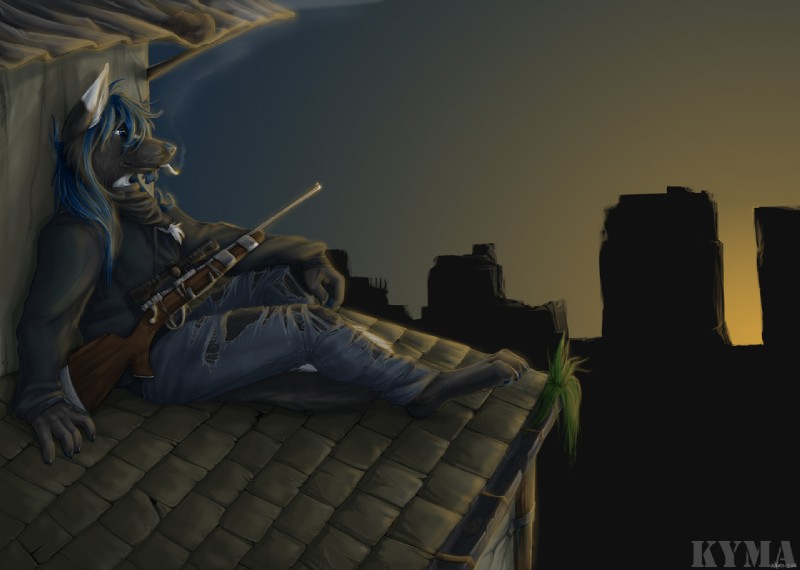 anthro blue_hair cigarette city clothed clothing fully_clothed gun hair high_place hoodie ranged_weapon rifle rooftop side_view skyline smoking solo sunset topwear torn_clothing weapon kyma fallout microsoft taithefox canid canine fox mammal digital_media_(artwork) full-length_portrait portrait