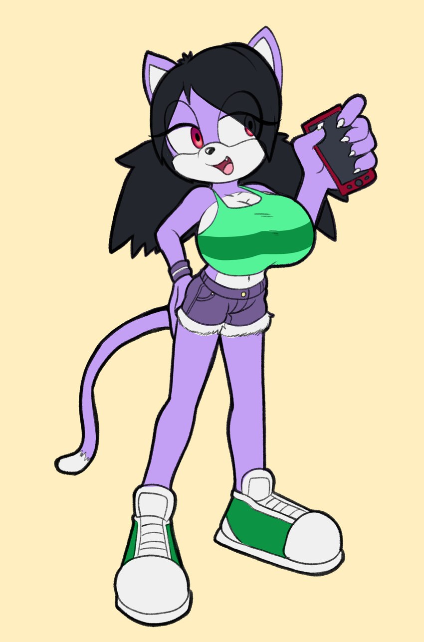 anthro big_breasts bottomwear breasts cellphone clothing electronics female footwear hand_on_hip hotpants huge_breasts midriff phone purple_body shirt shoes shorts sneakers solo tank_top thin_calves thin_legs thin_thighs topwear fourssss sega sonic_the_hedgehog_(series) fan_character jessie_the_cat domestic_cat felid feline felis mammal hi_res