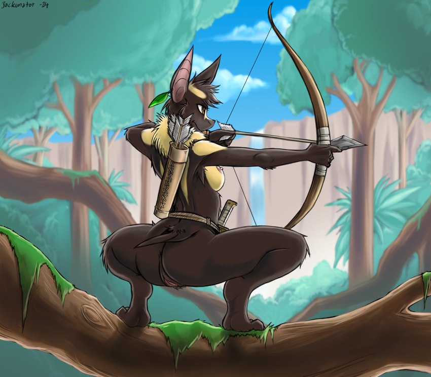 anthro anus arrow_(weapon) bat_ears bat_tail belt black_body black_fur bow_(weapon) breasts brown_eyes butt crouching detailed_background feather_ear_ring female forest fur genitals holding_object holding_weapon jungle knife markings neck_tuft nipples nude nude_anthro nude_female outside plant pussy quiver_(object) ranged_weapon rear_view short_tail solo tail tree tribal tuft weapon yellow_markings jackunator anathi_(leinglo) bat mammal microbat pied_bat vesper_bat wingless_bat yangochiropteran digital_media_(artwork) hi_res