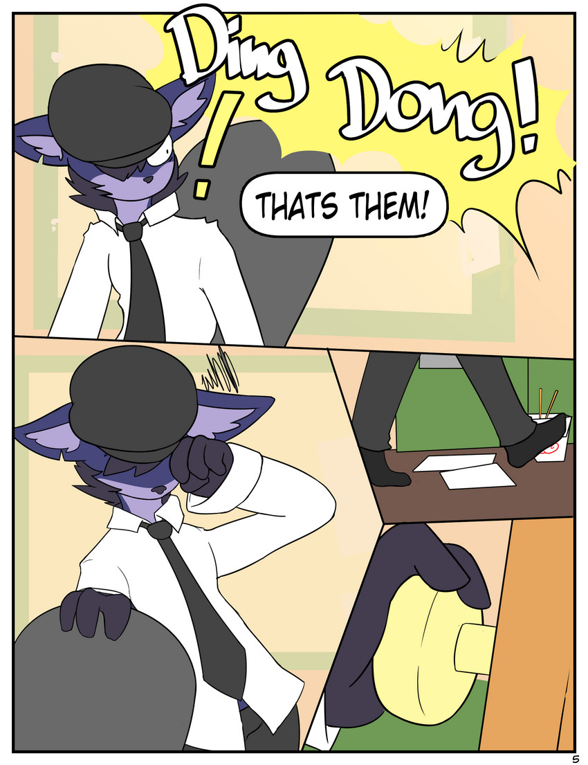 anthro clothed clothing detective dialogue door fully_clothed fur hat headgear headwear inside male office police purple_body purple_fur solo text neko3240 webb_(neko3240) canid canine canis mammal wolf absurd_res comic english_text hi_res