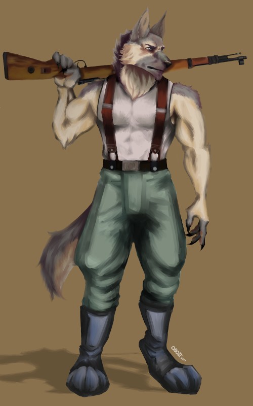 anthro blue_eyes boots bottomwear claws clothing footwear fur green_bottomwear green_clothing green_pants gun kar98k male military muscular muscular_anthro muscular_male pants ranged_weapon rifle shoes simple_background soldier solo suspenders uniform warrior weapon odachin wehrmacht hauptmann_meade canid canine canis domestic_dog german_shepherd herding_dog mammal pastoral_dog 5:8 hi_res