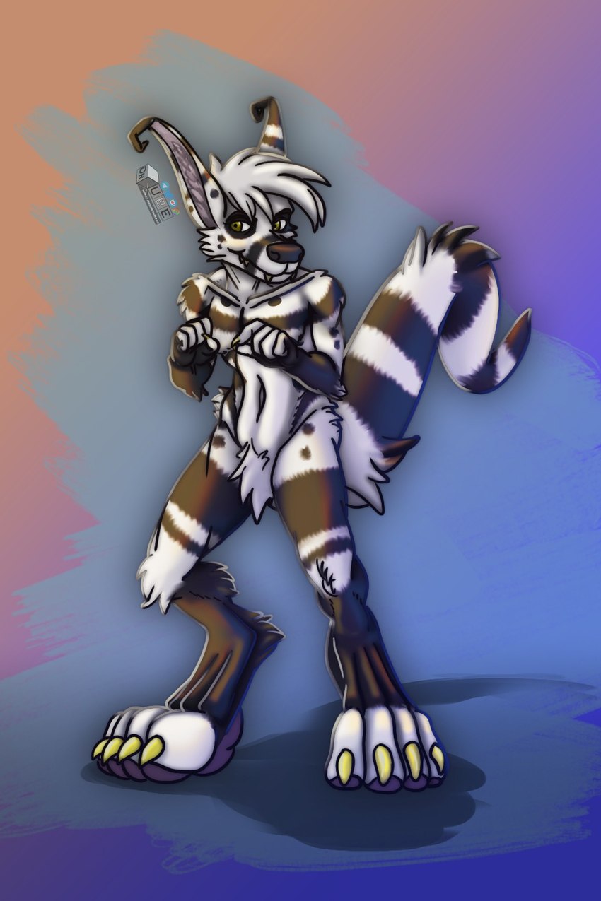 anthro black_markings digitigrade grin hunching long_ears looking_at_viewer male markings nevermint_(nevermint) ring_(marking) ringed_tail simple_background smile solo striped_markings striped_tail stripes tail tail_markings white_body yellow_eyes drqube crux 2:3 hi_res nonbinary_(lore)