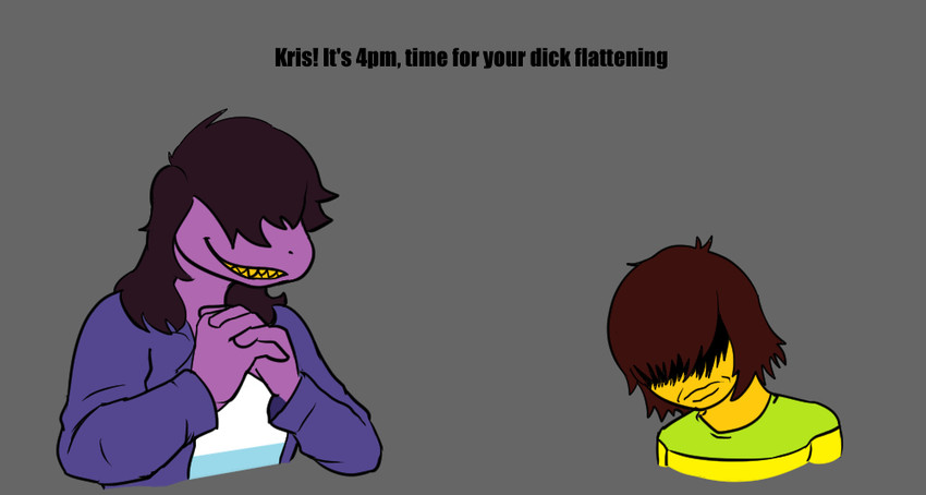 anthro breasts brown_hair clasped_hands clothed clothing duo female frown grin hair hand_holding larger_female male sharp_teeth shirt simple_background size_difference smaller_male smile stated_gender teeth text topwear yellow_teeth evergreenplate deltarune dick_flattening undertale_(series) kris_(deltarune) masc_kris_(deltarune) susie_(deltarune) human mammal scalie 2020 digital_media_(artwork) english_text meme